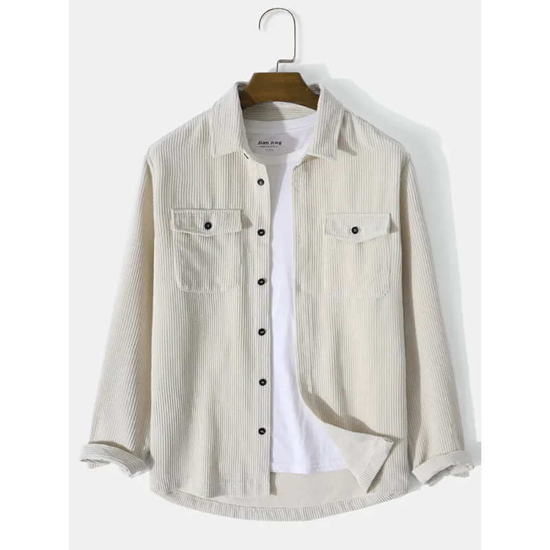 Men's Solid Color Front Double Pocket Corduroy Artistic Long Sleeve Shirt