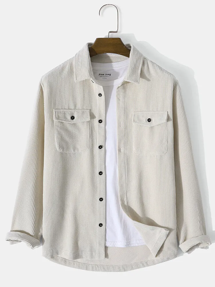 Men's Solid Color Front Double Pocket Corduroy Artistic Long Sleeve Shirt