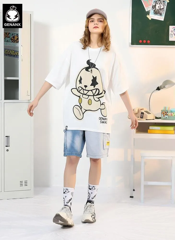 Minimalist Funny Cartoon Print Drop-Shoulder Sleeve T-Shirt