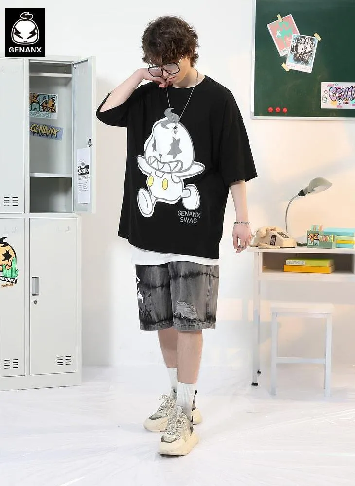 Minimalist Funny Cartoon Print Drop-Shoulder Sleeve T-Shirt