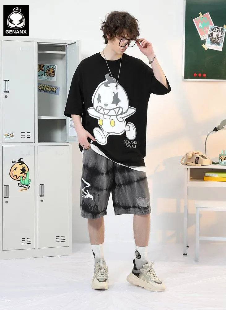 Minimalist Funny Cartoon Print Drop-Shoulder Sleeve T-Shirt