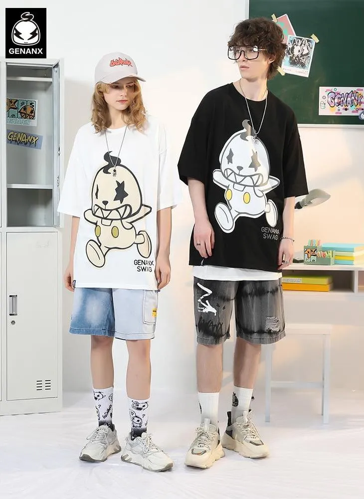Minimalist Funny Cartoon Print Drop-Shoulder Sleeve T-Shirt