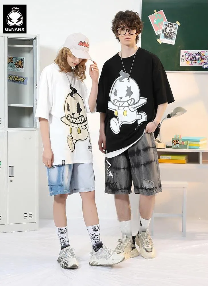 Minimalist Funny Cartoon Print Drop-Shoulder Sleeve T-Shirt