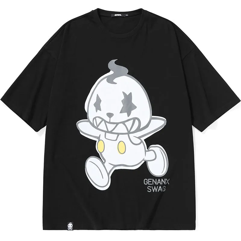 Minimalist Funny Cartoon Print Drop-Shoulder Sleeve T-Shirt