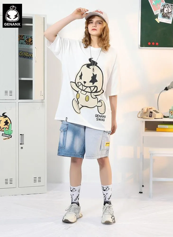 Minimalist Funny Cartoon Print Drop-Shoulder Sleeve T-Shirt