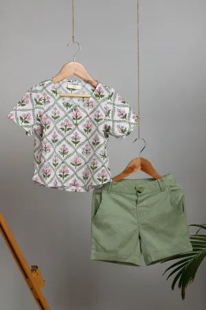 Molu Shorts and Blockprint Short Kurta - Green
