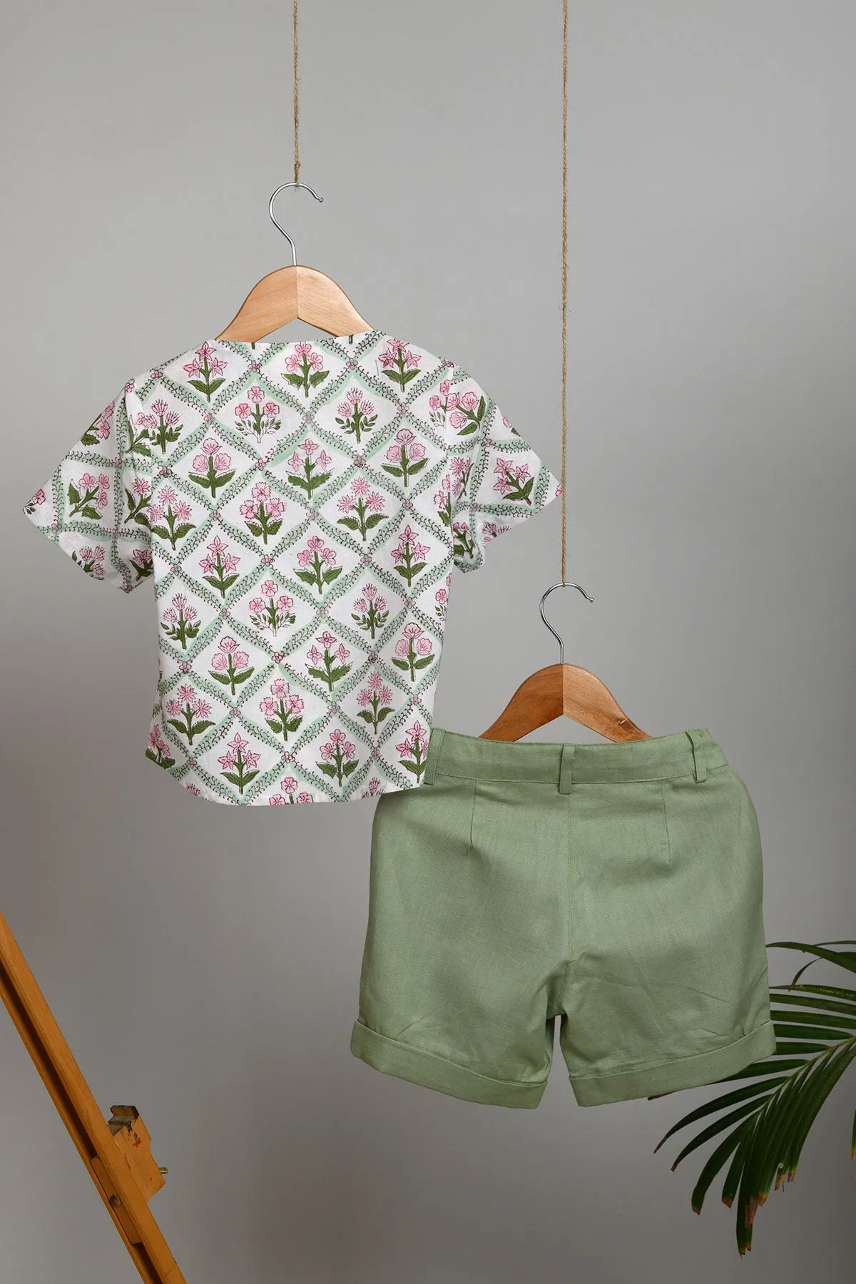 Molu Shorts and Blockprint Short Kurta - Green