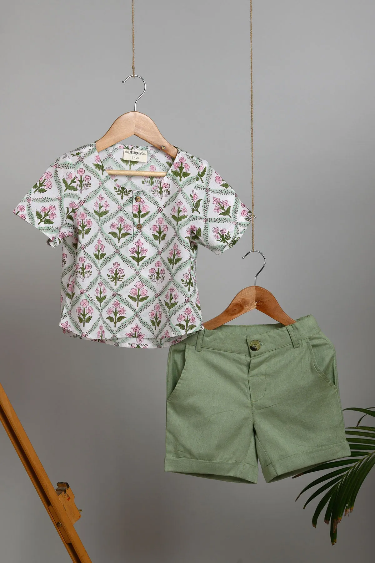 Molu Shorts and Blockprint Short Kurta - Green
