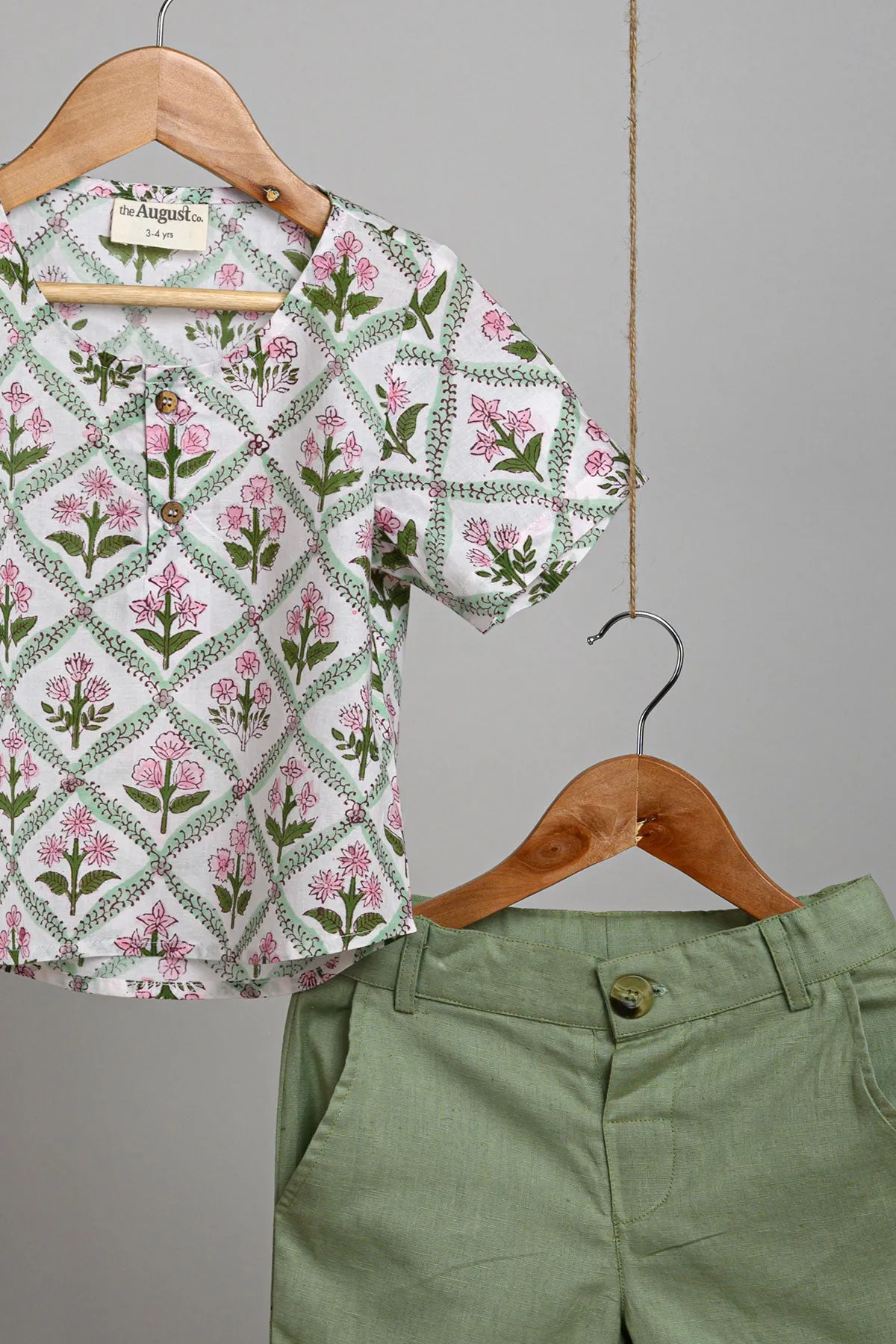 Molu Shorts and Blockprint Short Kurta - Green