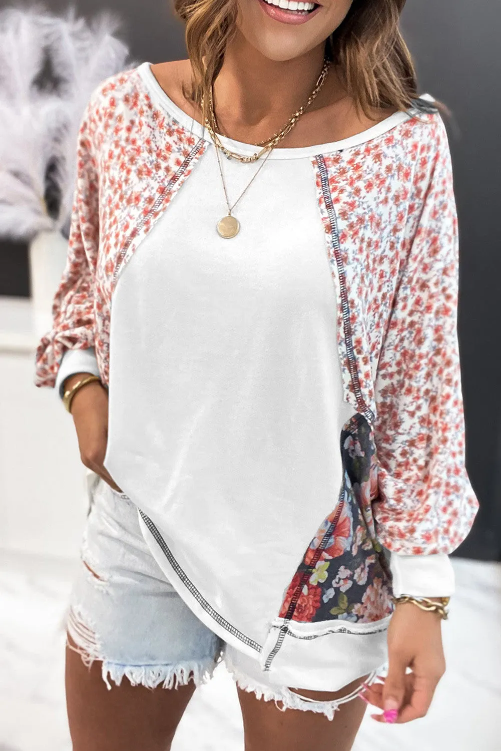 Multicolor Floral Print Patchwork Long Sleeve Top