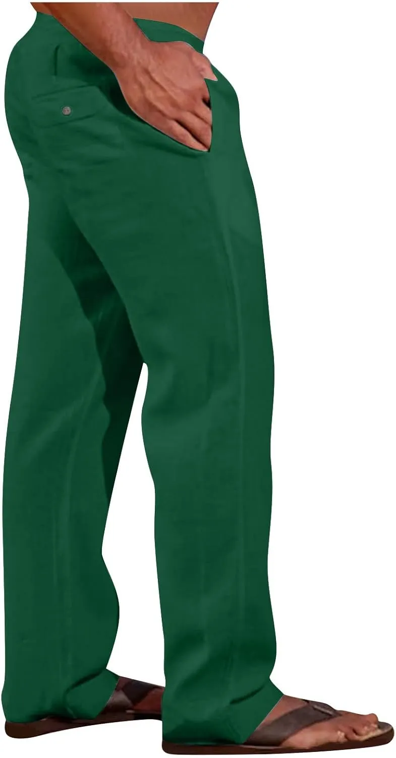 Muscularfit Mens Linen Pants Casual Elastic Waist Solid Straight Legs Big and Tall Drawstring Trousers Loose Fit Work Pant