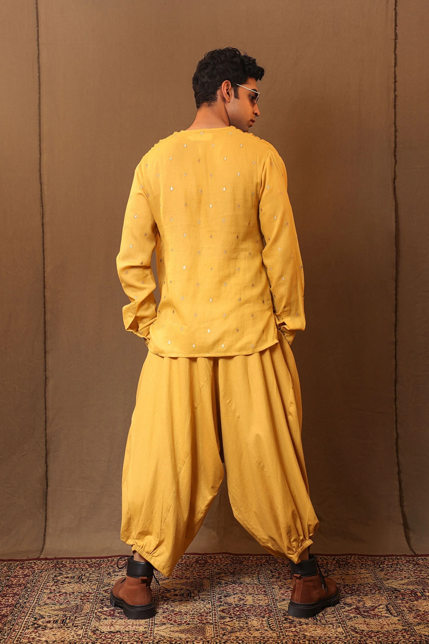 Mustard Emb Zari Spade Overlap Shirt