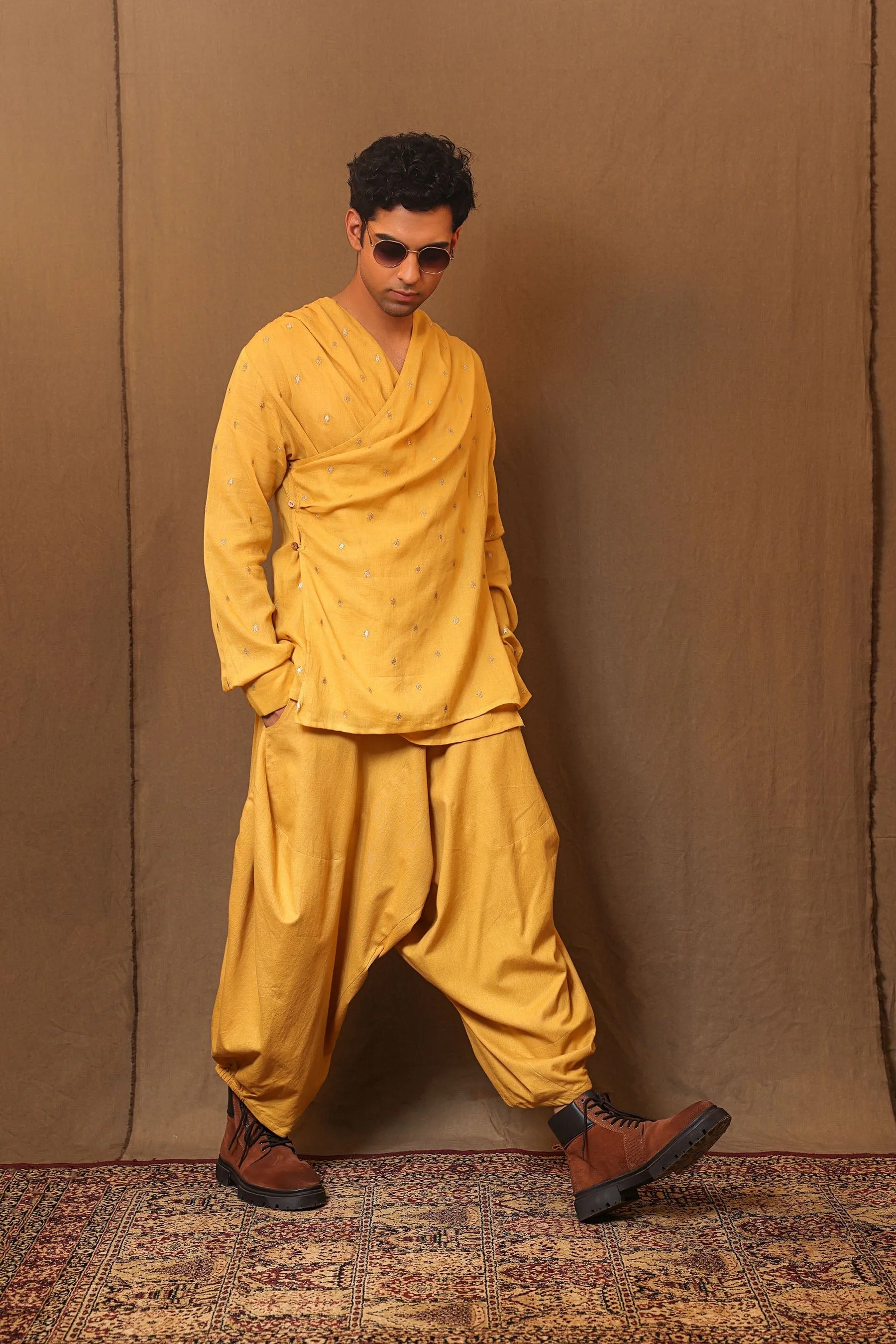 Mustard Emb Zari Spade Overlap Shirt