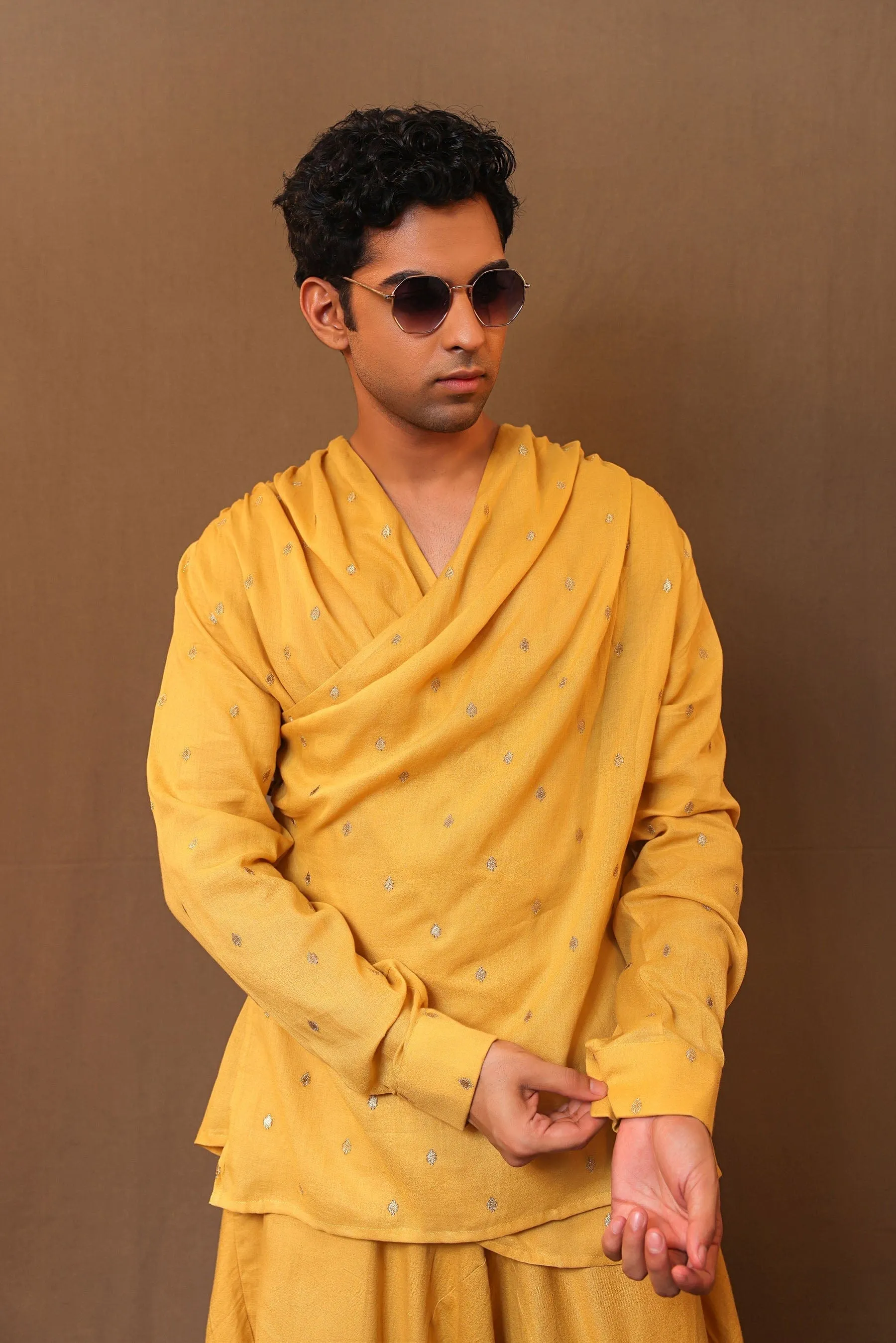 Mustard Emb Zari Spade Overlap Shirt