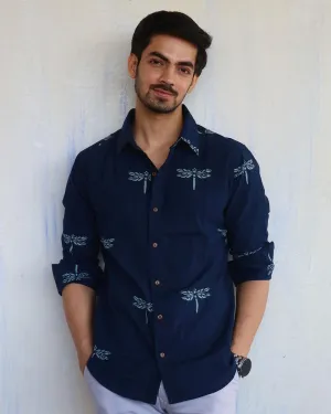 Navy Blue Dragonfly Block-Printed Men'S Shirt