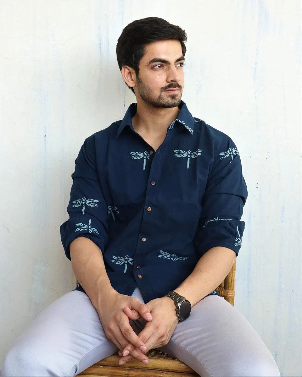Navy Blue Dragonfly Block-Printed Men'S Shirt