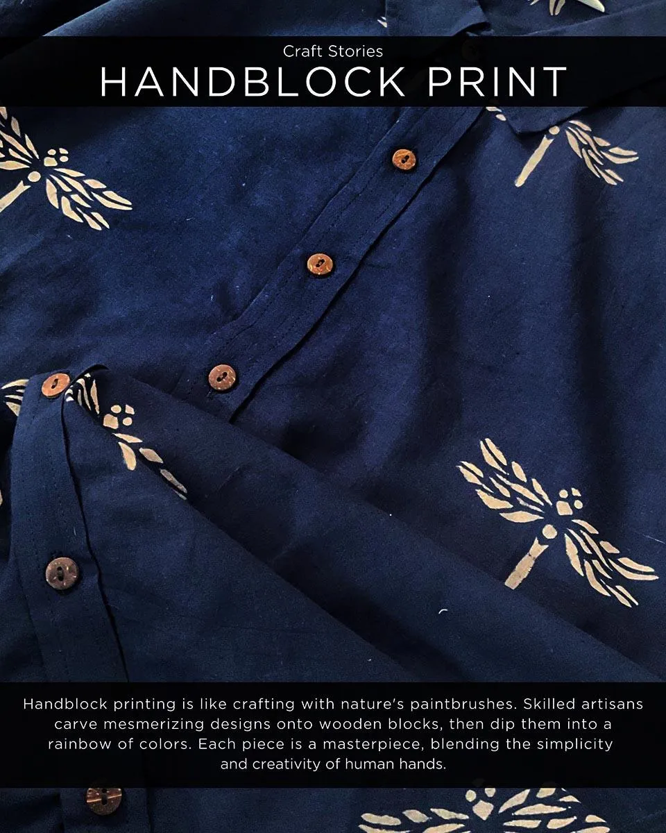 Navy Blue Dragonfly Block-Printed Men'S Shirt