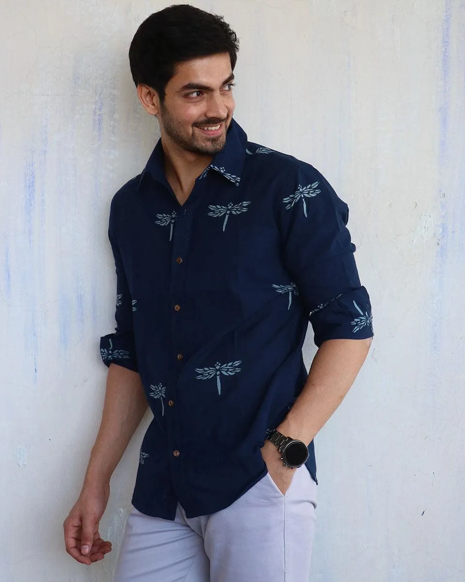 Navy Blue Dragonfly Block-Printed Men'S Shirt