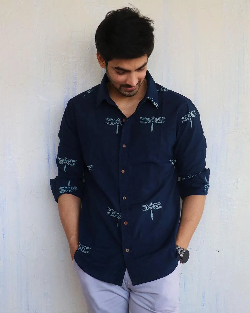 Navy Blue Dragonfly Block-Printed Men'S Shirt