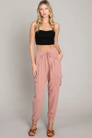 Pink Soft Linen Joggers with Cargo Pockets