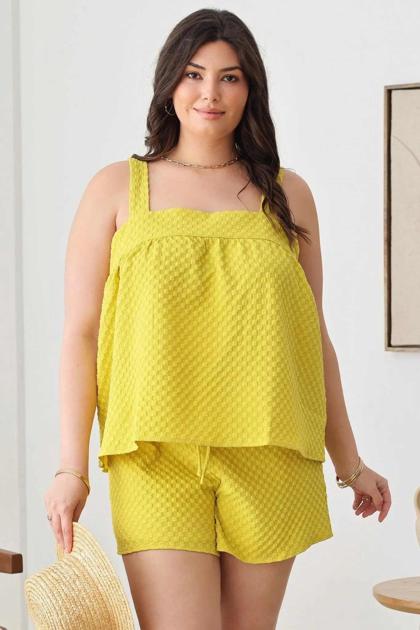 Plus Size Textured Top Elastic Waist Short Set
