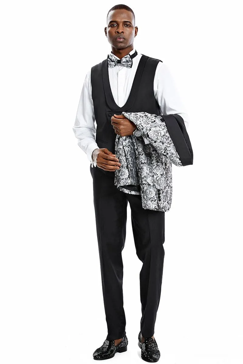 "Silver Men's Slim Fit Paisley Floral Prom 2025 Tuxedo - One Button Vested"