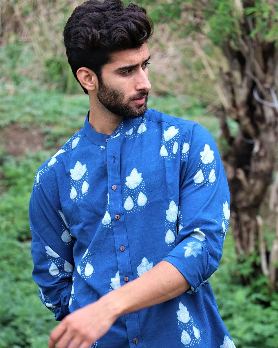 Royal Blue Block Printed Cotton Shirt