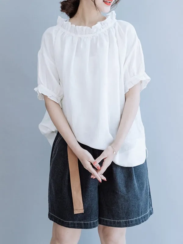 Ruffled Solid Color Half Sleeves Loose Round-Neck T-Shirts Tops