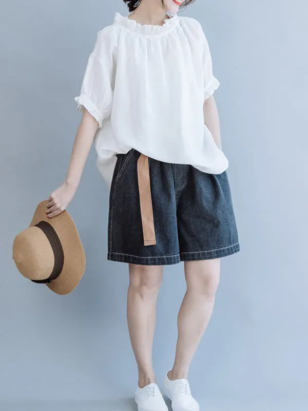 Ruffled Solid Color Half Sleeves Loose Round-Neck T-Shirts Tops
