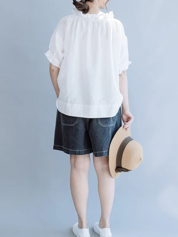 Ruffled Solid Color Half Sleeves Loose Round-Neck T-Shirts Tops