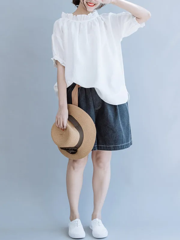 Ruffled Solid Color Half Sleeves Loose Round-Neck T-Shirts Tops