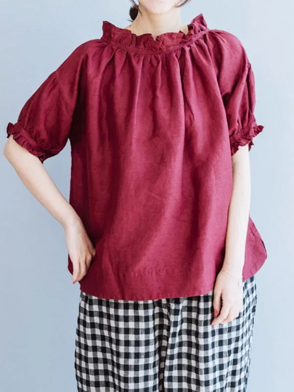 Ruffled Solid Color Half Sleeves Loose Round-Neck T-Shirts Tops