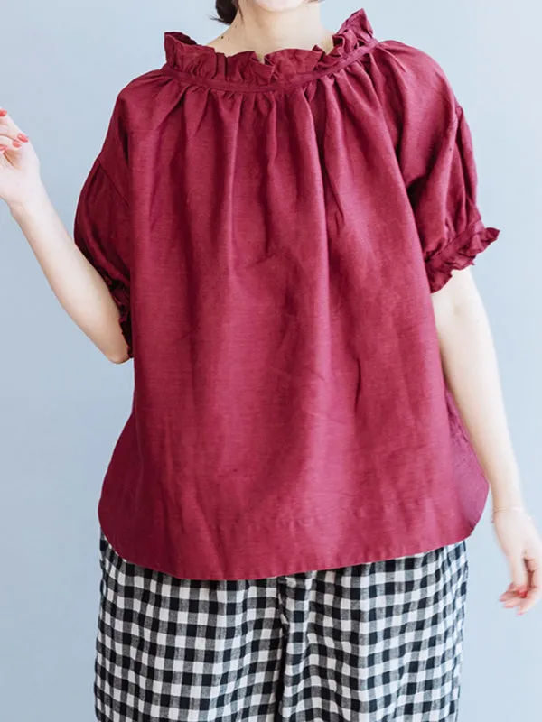 Ruffled Solid Color Half Sleeves Loose Round-Neck T-Shirts Tops