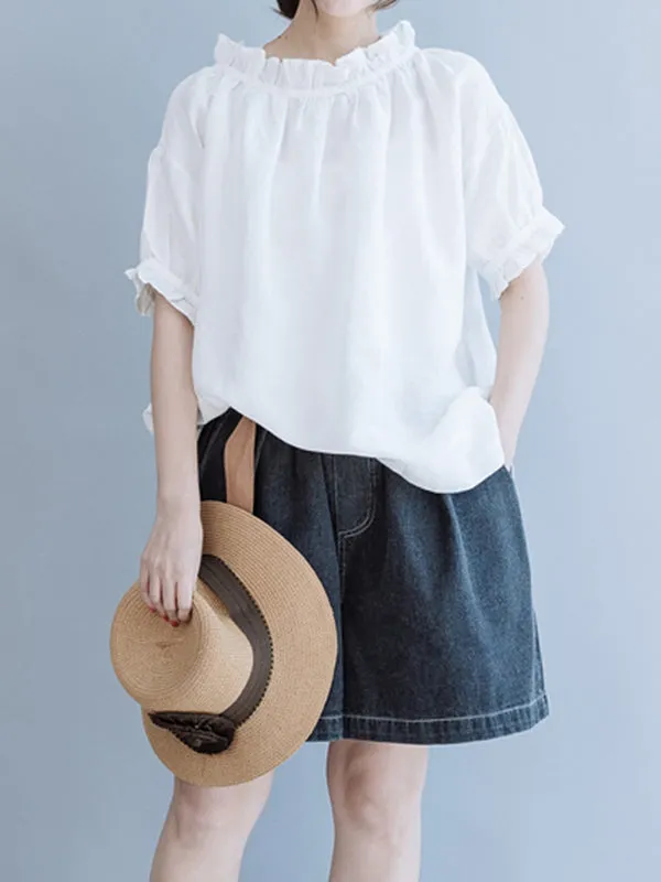 Ruffled Solid Color Half Sleeves Loose Round-Neck T-Shirts Tops