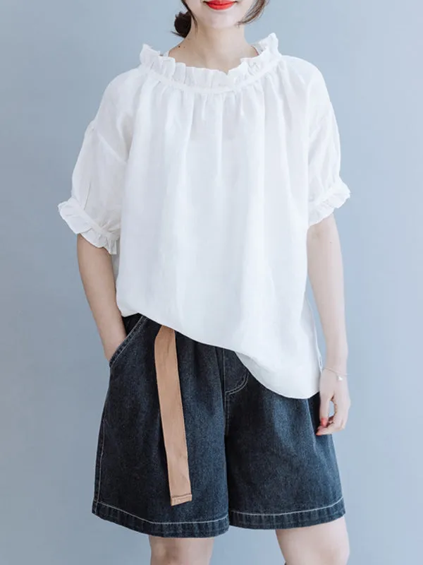 Ruffled Solid Color Half Sleeves Loose Round-Neck T-Shirts Tops