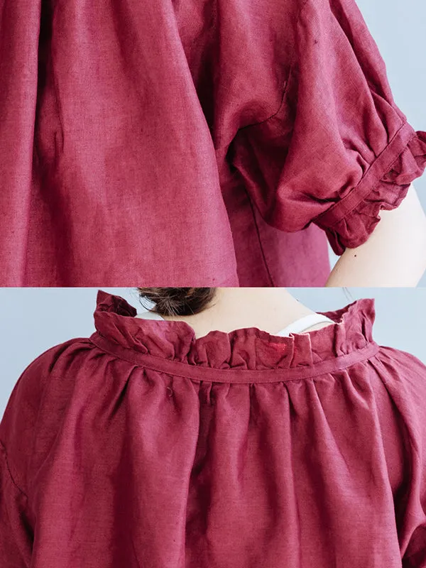 Ruffled Solid Color Half Sleeves Loose Round-Neck T-Shirts Tops