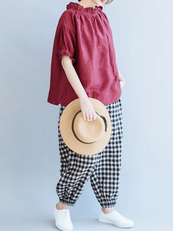 Ruffled Solid Color Half Sleeves Loose Round-Neck T-Shirts Tops