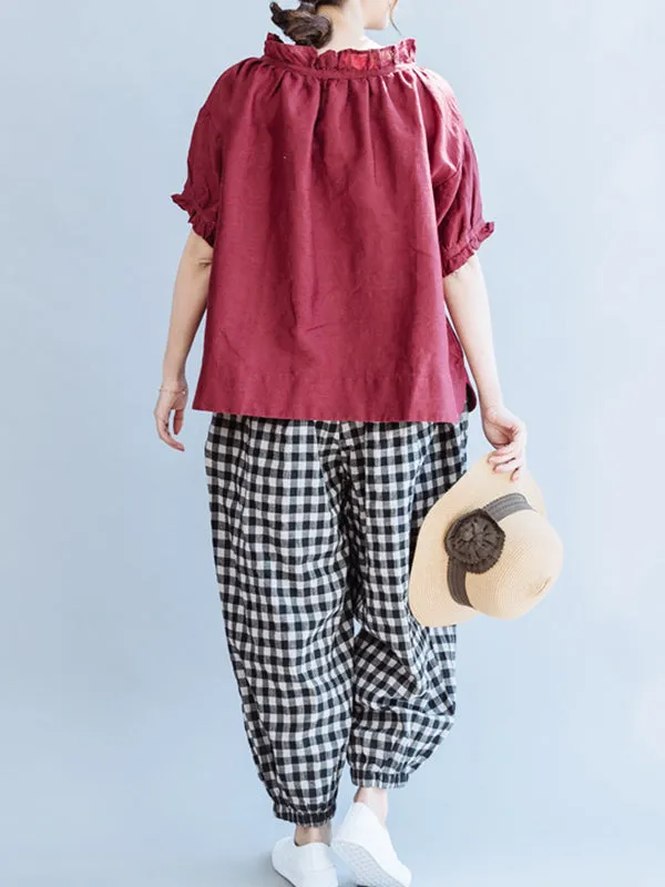 Ruffled Solid Color Half Sleeves Loose Round-Neck T-Shirts Tops