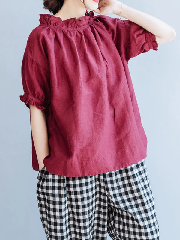 Ruffled Solid Color Half Sleeves Loose Round-Neck T-Shirts Tops