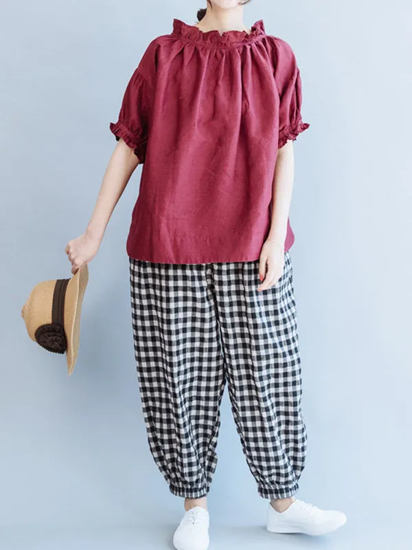 Ruffled Solid Color Half Sleeves Loose Round-Neck T-Shirts Tops
