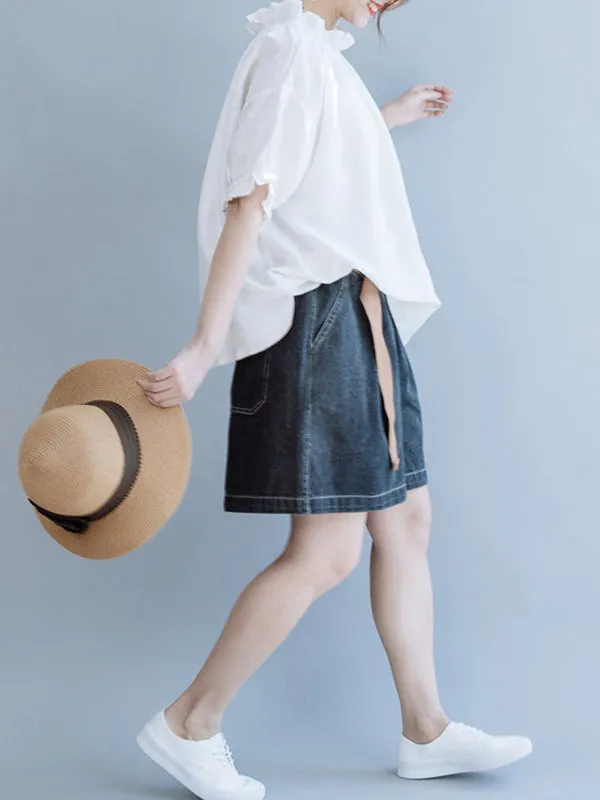 Ruffled Solid Color Half Sleeves Loose Round-Neck T-Shirts Tops