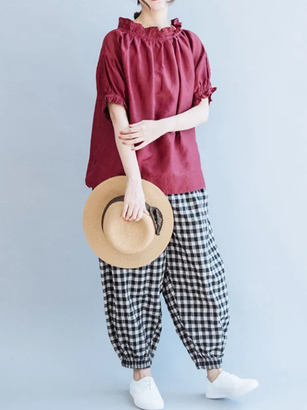 Ruffled Solid Color Half Sleeves Loose Round-Neck T-Shirts Tops
