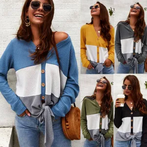Sexy Color collision V-neck stitching Sweater