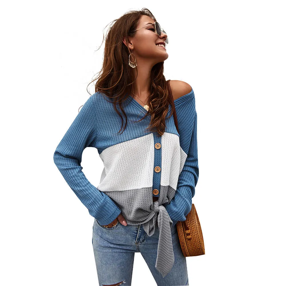 Sexy Color collision V-neck stitching Sweater
