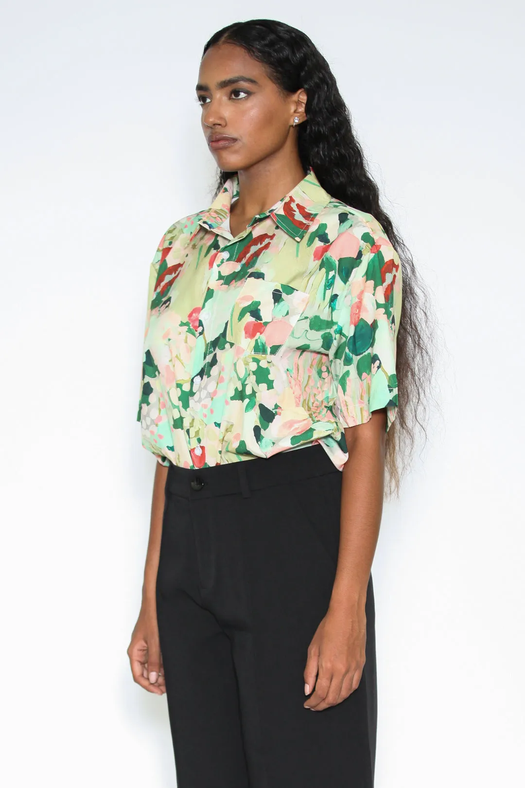 Silk Abstract Pattern Button Down Top