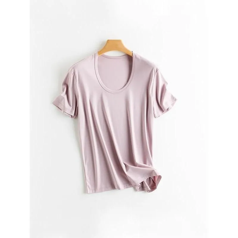Silk Cotton Blend Square Collar Tee in Candy Colors