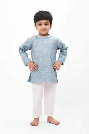Sleek Grey Geometric Kurta Set with White Pants for Boys