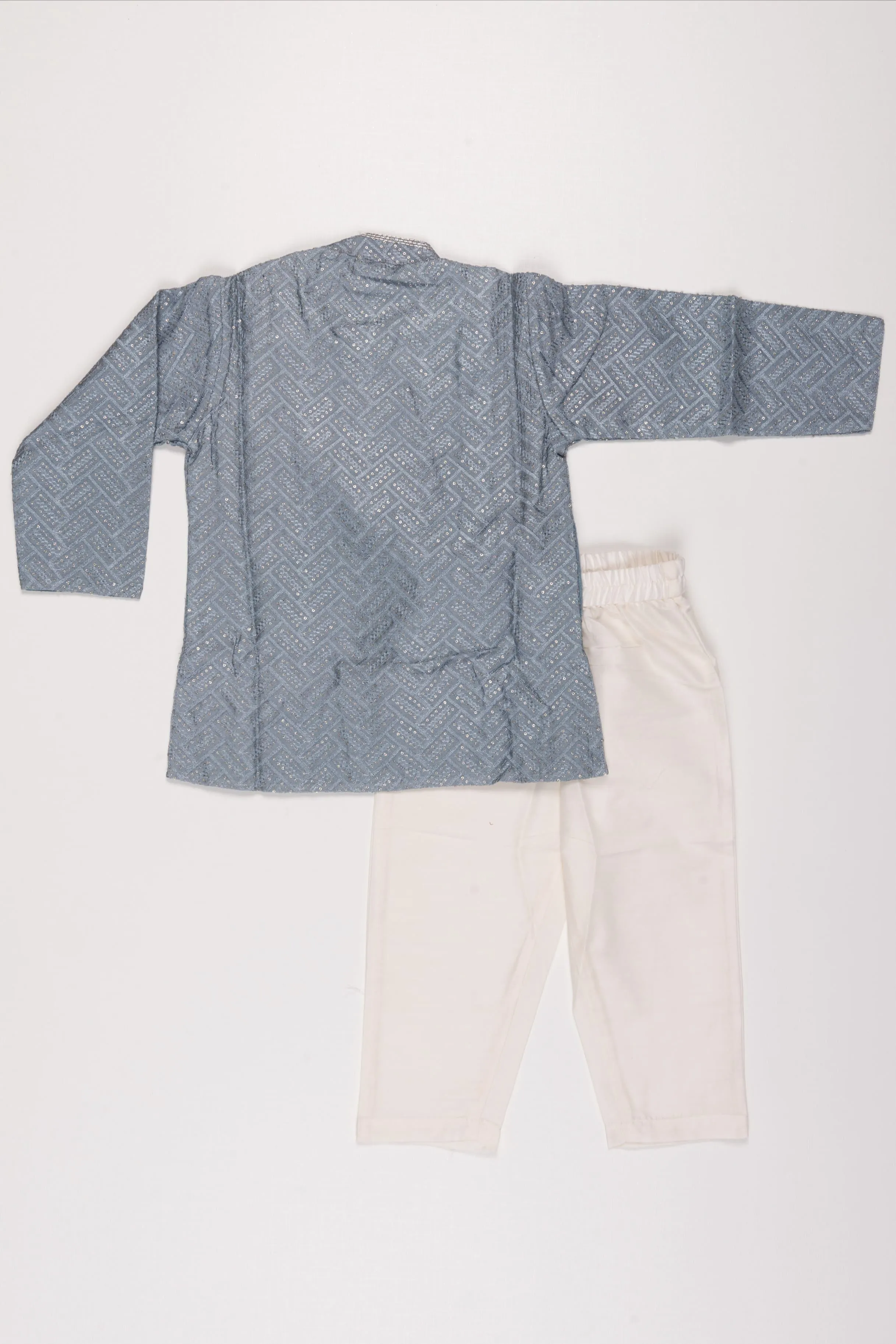 Sleek Grey Geometric Kurta Set with White Pants for Boys