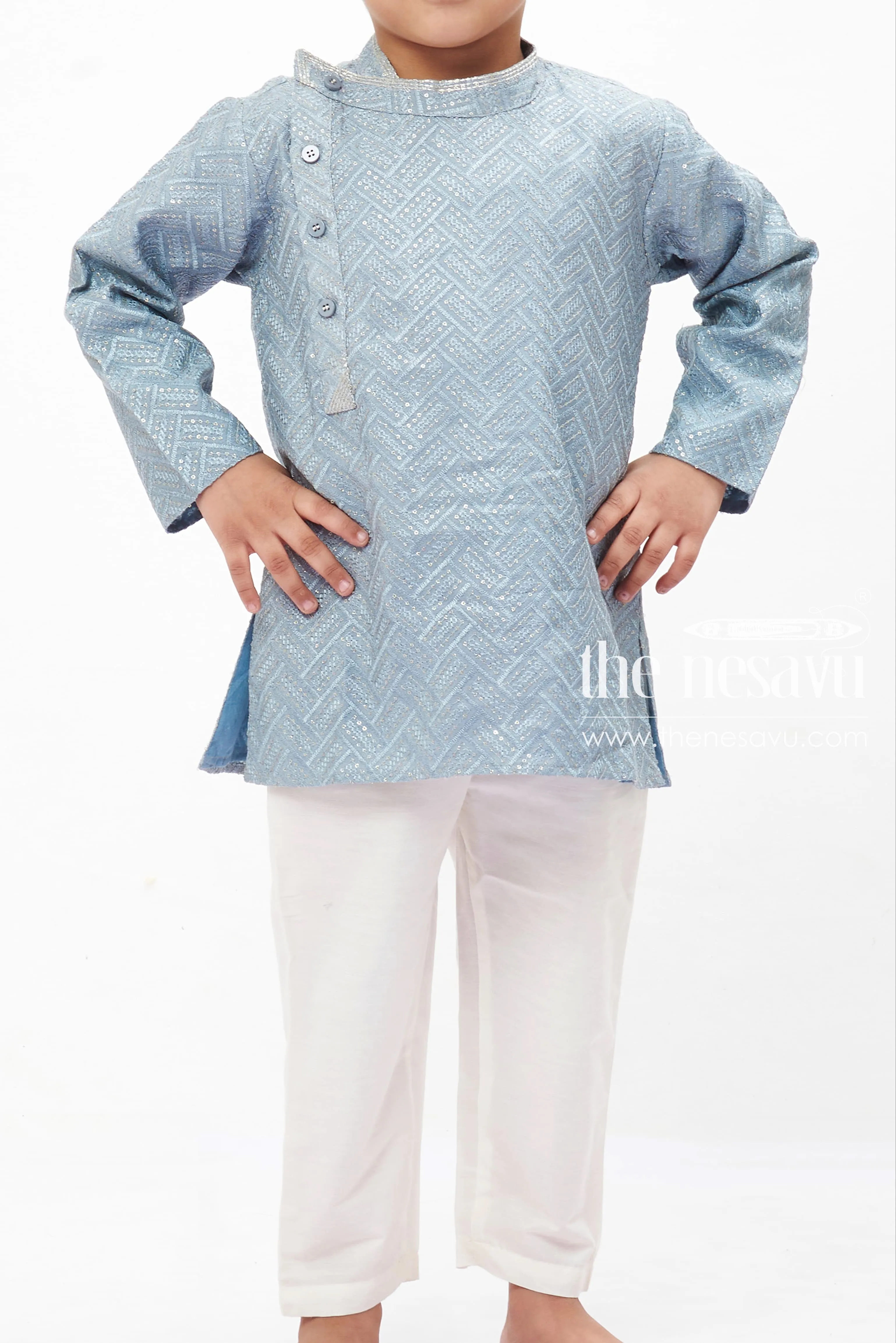 Sleek Grey Geometric Kurta Set with White Pants for Boys