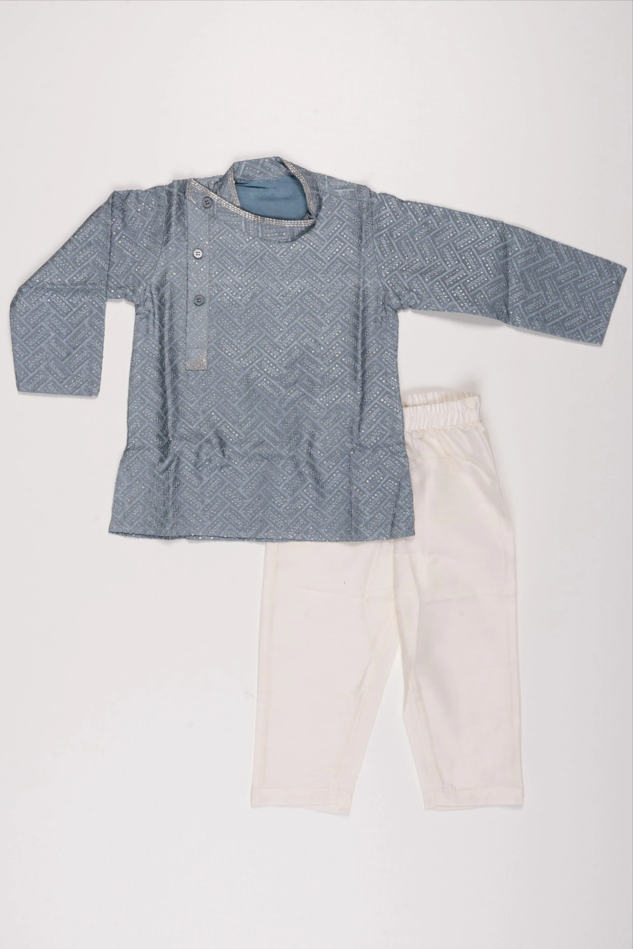 Sleek Grey Geometric Kurta Set with White Pants for Boys